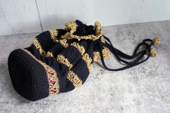 Vintage 1940s - 1950s Black and Gold Crochet Hiaw… - image 3