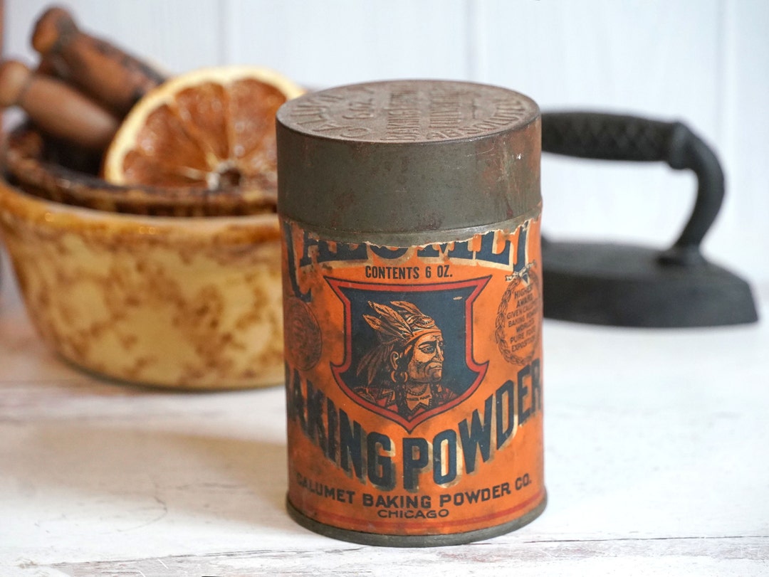 Antique 1910s Calumet Baking Powder Tin, 6 Oz Round Can, Embossed Lid
