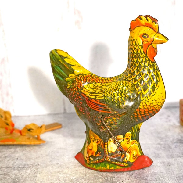 Vintage 1940s Tin Litho Cackling Hen Toy, Hand Crank, 8", Pat No 2047784, Made in USA, Chicks on Base, Farm or Barn Toys, Collectibles