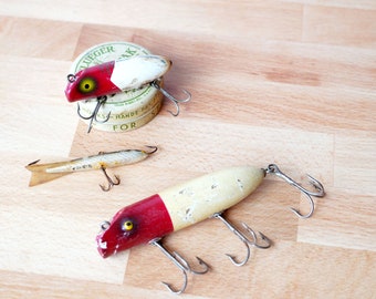 Vintage Lot of 3 Fishing Lures, South Bend Ridge Oreno 2 1/2" Marked, 3 3/4" South Bend Unmarked, 2 1/2" Rebel Minnow, Father's Day Gifts