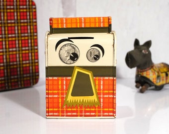 Vintage 1964 Ohio Art Mr. Thrifty Tin Litho Coin Bank, Red Plaid, Anthropomorphic Mailbox Style Bank, Coins for Eyes, Wall Hanging, Kitsch