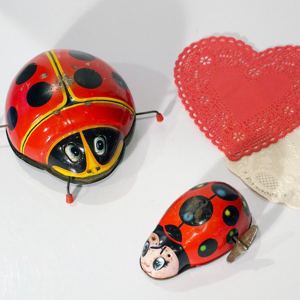 Vintage Mikuni Japan Cragston 6" Tin Litho Ladybug Friction Toy, Hiro Japan 4 1/4" Tin Litho Wind Up Ladybug (not working, with key)