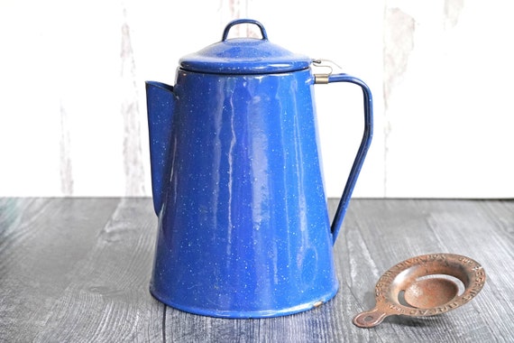 Vintage Cobalt Blue White Enamel Graniteware Camp Coffee Pot Percolator,  Rustic, Farmhouse, Camping, Kitchen, Interior Parts, Enamelware 