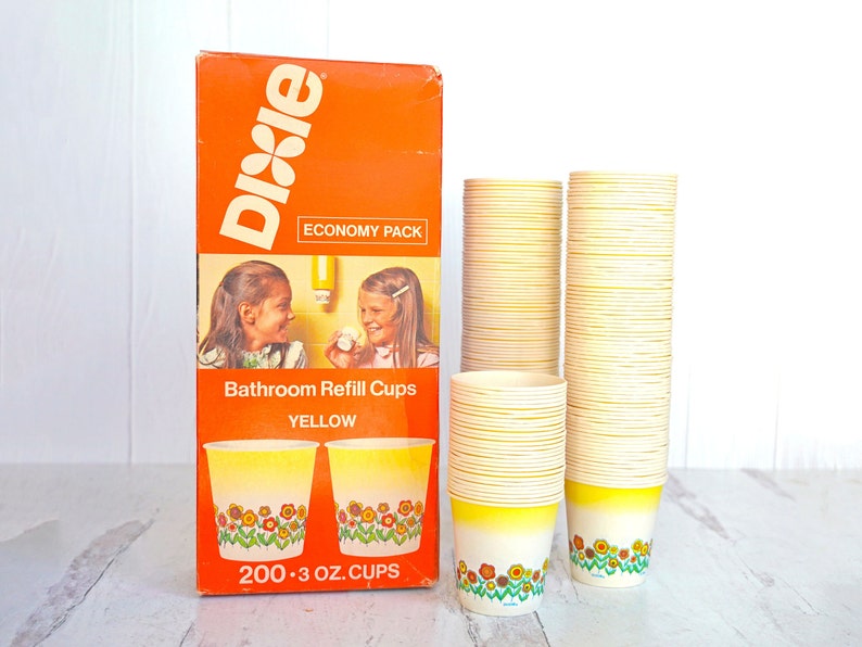 Vintage 1977 Dixie Bathroom Cups, 3 oz Size, Sunflowers, Open Box, Approx 180 Cups, Yellow & Orange, Country Home, 1970s Decor, Collectible image 1