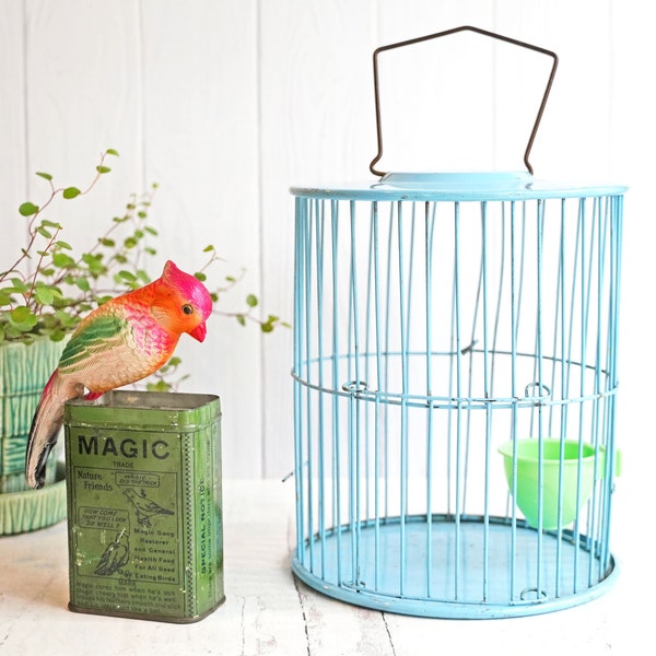 Vintage Small Canary Cage, Blue Painted Metal, Jadeite Green Plastic Cup, Sliding Door, Repurposing, Upcycling, Retro Cottage, Shabby Decor