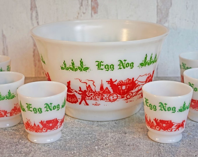 Vintage Milk Glass Victorian Egg Nog Set, Carriage Ride Through Town, 6