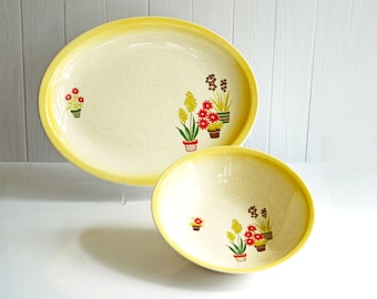 Vintage 1953 Paden City Pottery 14" Platter & Serving Bowl, Yellow Rimmed Stoneware with Art Deco Flower Pot Design, Mid Century Kitchen