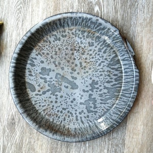 Vintage Pair of Gray Enamelware Graniteware Splatterware 9 3/4" and 10" Pie Plates, Primitive Rustic Farmhouse Kitchen Decor, Collectible