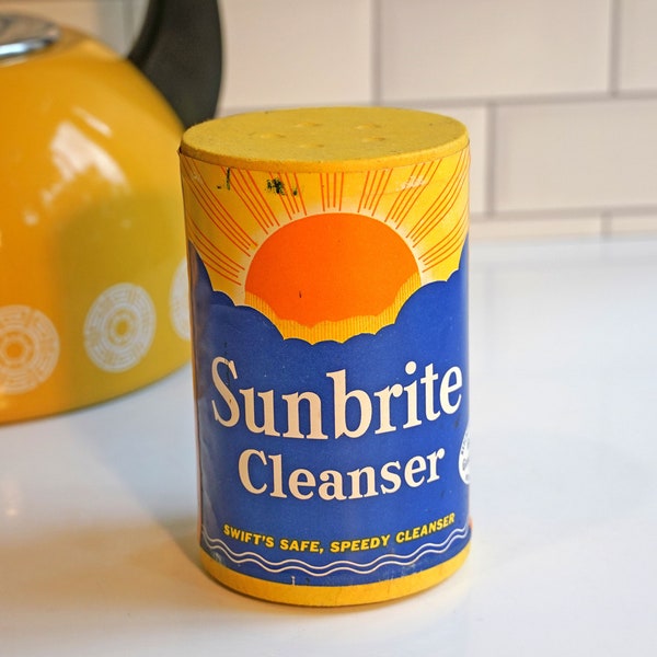 Vintage 1950s NOS Swift's Sunbrite Cleanser Paper Can, 13 oz,  Blue & Yellow Sunshine Design, Mid Century Packaging, Kitchen Decor, Advert