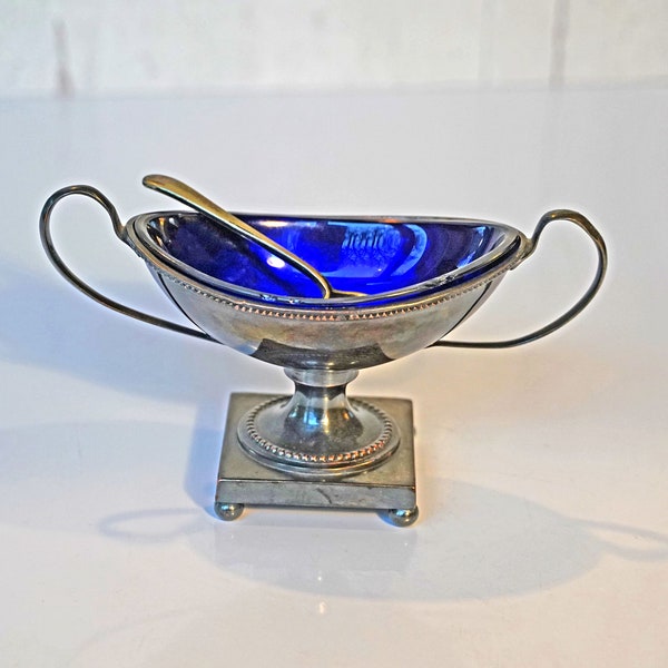 Antique WMF 1890s-1909 Electro Plate Silver Salt, Boat Shape, Handles, Pedestal, Cobalt Blue Glass Liner, Spoon, Art Nouveau, Salt Dips