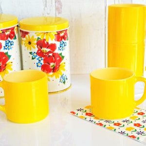 Vintage Federal Glass Yellow D Handle Coffee Mugs, Set of 4, Fired on Yellow Over White, Marked on Bottom, Mid Century, Cottage, Kitchen