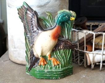 Vintage 1950s Chalkware Landing Mallard Doorstop, Chippy Primitive Cabin or Fall Hunting Lodge Decor, Duck Hunting Collectibles