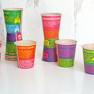 Vintage 1976 5 0z  Dixie Magic Trick Cups, Lot of 10 Waxed Disposable Cups, Red, Green, Purple, Orange, Retro Birthday Party, 70s Decor