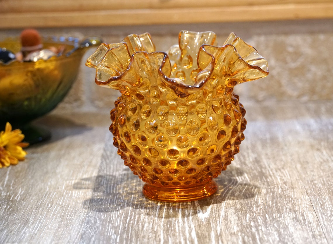 Vintage Fenton Glass Amber Hobnail Vase With Ruffled Edge Etsy