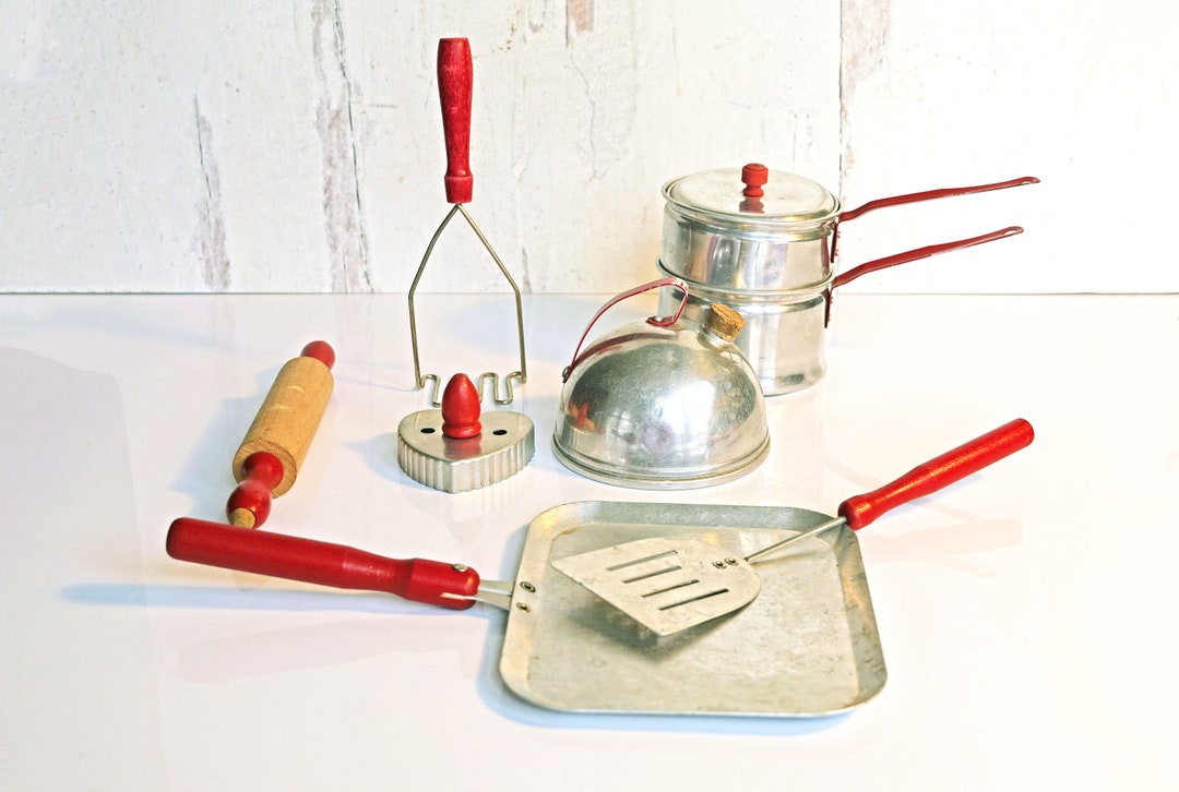 Vintage 1940s Children's Cookware Set, Red Wood Handles, Skillet, Tea