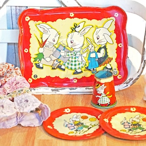 Vintage 1930s Ohio Art Tin Litho Toy Peter Rabbit's Birthday Party Tray, Pitcher, 2 Plates, Fern Bisel Peat, 104, Collectibles, Easter