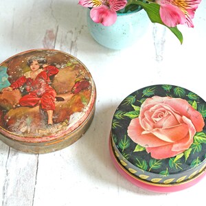 Vintage Pair of English Toffee Tins, Riley&#39;s Toffee Pink Rose Round Tin, Wilkin&#39;s Red Boy Toffee Round Tin, Cottage, Country, Collectibles