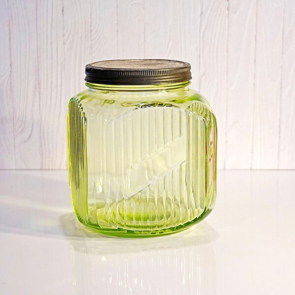 Vintage 1940s Owens Green Uranium Glass Hoosier Canister Jar, Ribbed with Diagonal Label Space, Rusty Metal Lid 8", Farmhouse Kitchen