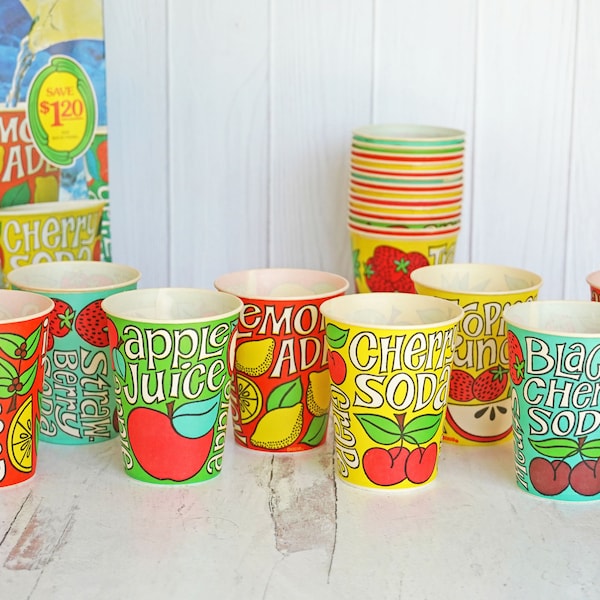Vintage 1979 9 0z Dixie Cups, No. 185, Cold Drinks Design, Iced Tea, Fruit Punch, Lemonade, Lot of 8 Disposable Wax Cups, Summer Picnic, BBQ