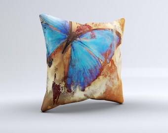 The Bright Blue Butterfly on Grunge Gold Surface ink-Fuzed Decorative Throw Pillow