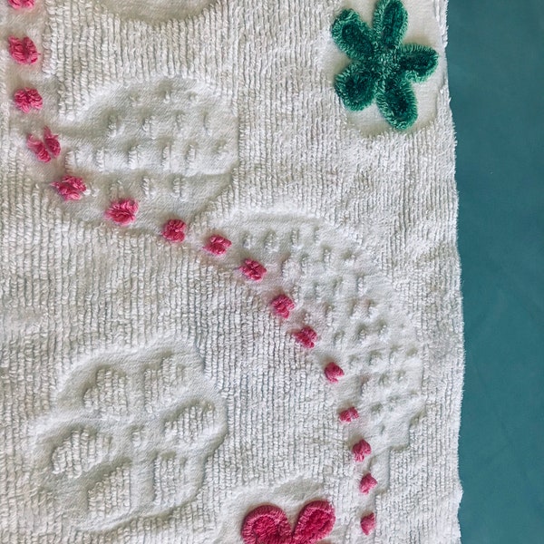 Pink & Green Floral on White Chenille Cut