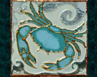 Artisan Made Stain Glass Crab Decor Night Light Plug In Wall. Unique Decorative Coastal Nightlight Beach Ocean Nautical, Under The Sea Theme