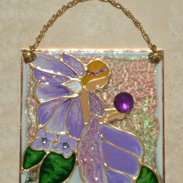 Purple Fairy Stained Glass Suncatcher Stain Glass Window Hanging Panel. Lavender Fairy Suncatcher Sun Catcher. Violet Faerie Ornament