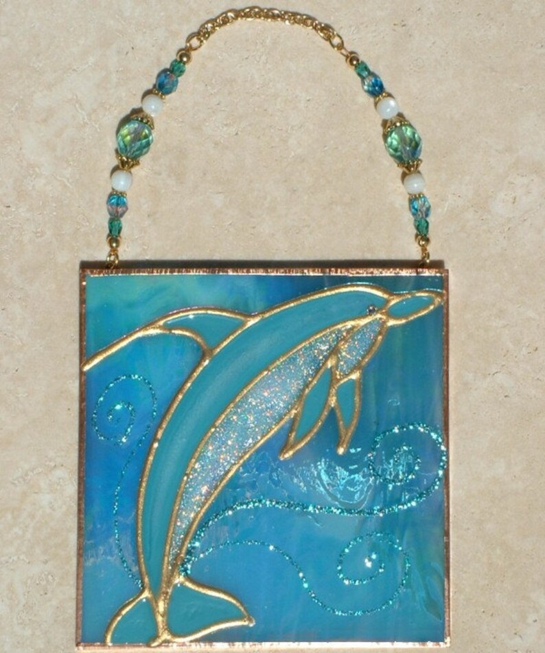 Dolphin Suncatcher Stained Glass Panel. Artisan Made Dolphin Etsy