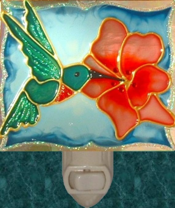 Hummingbird and Flower Stained Glass Night Light 