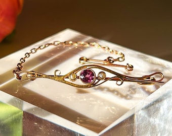 Antique Edwardian Pink Tourmaline Brooch: 9ct Yellow Gold, Seed Pearl, Original Box