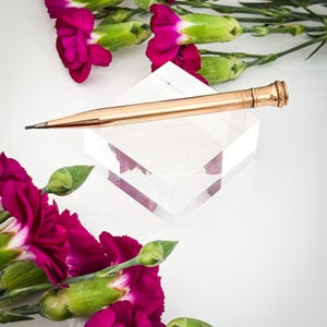 Può includere: Una matita meccanica color oro è appoggiata su un blocco di acrilico trasparente, circondata da vivaci fiori di garofano magenta e boccioli verdi. La matita ha una finitura metallica elegante e i fiori aggiungono un tocco di colore sullo sfondo bianco.