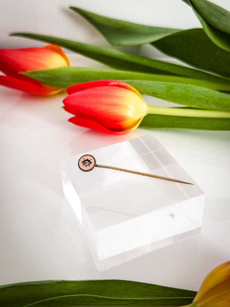May include: A vintage-style lapel pin with a circular, light brown face and a small, diamond-shaped design in the center. The pin is set on a clear acrylic block, with red and yellow tulips in the background.