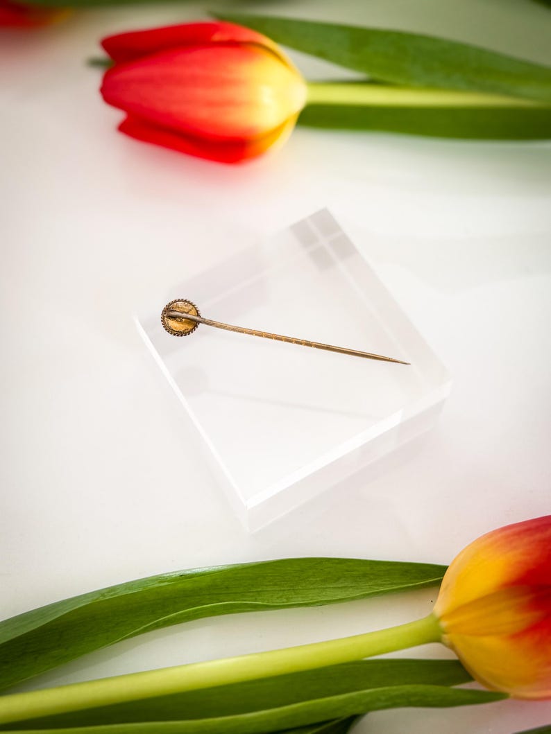 May include: A vintage gold-toned hat pin with a circular decorative head, resting on a clear acrylic block. The pin is set against a white background, with red and yellow tulips and green leaves in the background.