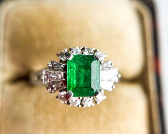 Antique Art Deco Emerald Diamond Platinum Ring - Size L