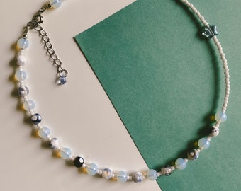 Crackle Agate Necklace,White Jade Necklace,Beaded Necklace,Gemstone Necklace,Women/'s Necklace