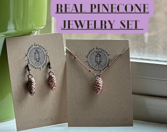 Real Pinecone Necklace and Earrings, Copper Electroformed Jewelry, Jewelry Set, Nature Jewelry