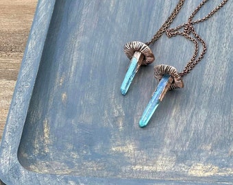Aqua Aura Quartz Mushroom Crystal Necklace, Electroformed Jewelry, Forager Gift, Raw Crystal Jewelry