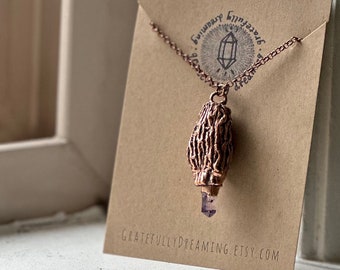 Real Morel Mushroom Amethyst Necklace, Electroformed Copper Jewelry, Mushroom Jewelry