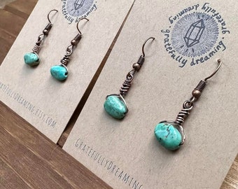 Turquoise Crystal Earrings, Simple Wire Wrapped Boho Earrings