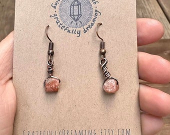 Sunstone Earrings, Wire Wrapped Earrings, Boho Hippie Jewelry