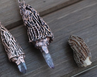 Real Morel Mushroom Amethyst Necklace, Electroformed Copper Jewelry, Gift for Forager