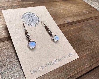 Moonstone Crystal Earrings, Rainbow Moonstone Wire Wrapped Dangle Earrings