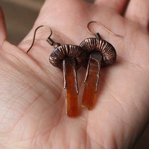 Orange Kyanite Mushroom Earrings, Electroformed Jewelry, Boho Hippie Jewelry, Raw Crystal Jewelry