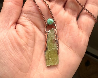 Green Kyanite Necklace with Turquoise, Electroformed Necklace, Boho Hippie Jewelry, Green Pendant, Raw Crystal Jewelry