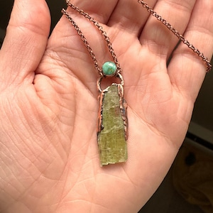 Green Kyanite Necklace with Turquoise, Electroformed Necklace, Boho Hippie Jewelry, Green Pendant, Raw Crystal Jewelry