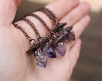 Small Amethyst Mushroom Crystal Necklace, Electroformed Jewelry, Boho Hippie Jewelry, Raw Crystal Jewelry