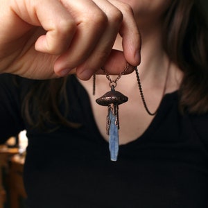 Blue Kyanite Mushroom Crystal Necklace, Electroformed Jewelry, Boho Hippie Jewelry, Blue Pendant, Raw Crystal Jewelry image 3