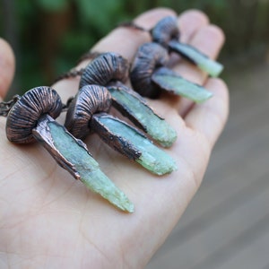 Green Kyanite Mushroom Necklace, Electroformed Jewelry, Boho Hippie Jewelry, Raw Crystal Jewelry