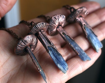 Blue Kyanite Mushroom Crystal Necklace, Electroformed Jewelry, Boho Hippie Jewelry, Blue Pendant, Raw Crystal Jewelry