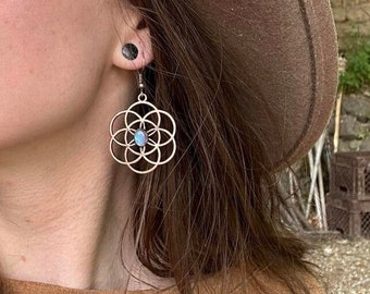 Geometric Earrings, Moonstone Crystal Earrings, Sacred Geometry Electroformed Jewelry